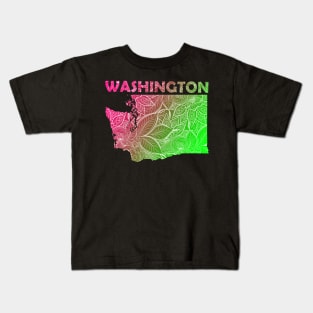 Colorful mandala art map of Washington with text in pink and green Kids T-Shirt